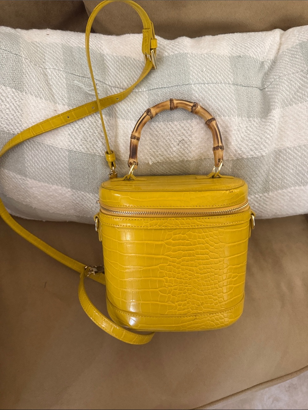 Yellow Croc-Embossed Bamboo Handle Crossbody Bag